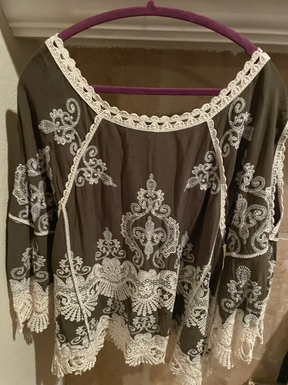 Democracy Brown Lace Open Shoulder Peasant Boho Festival Blouse L